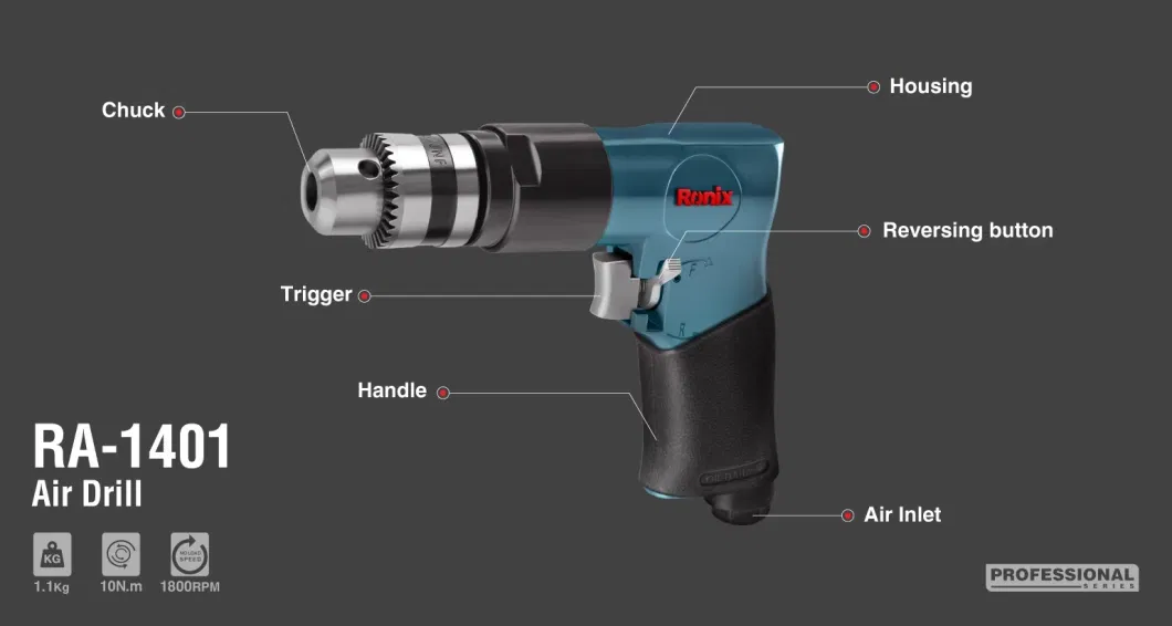 Ronix Ra-1401 Air Drill 10mm Keyed Chuck Portable Mini Professional Electric Drill Workshop Tools